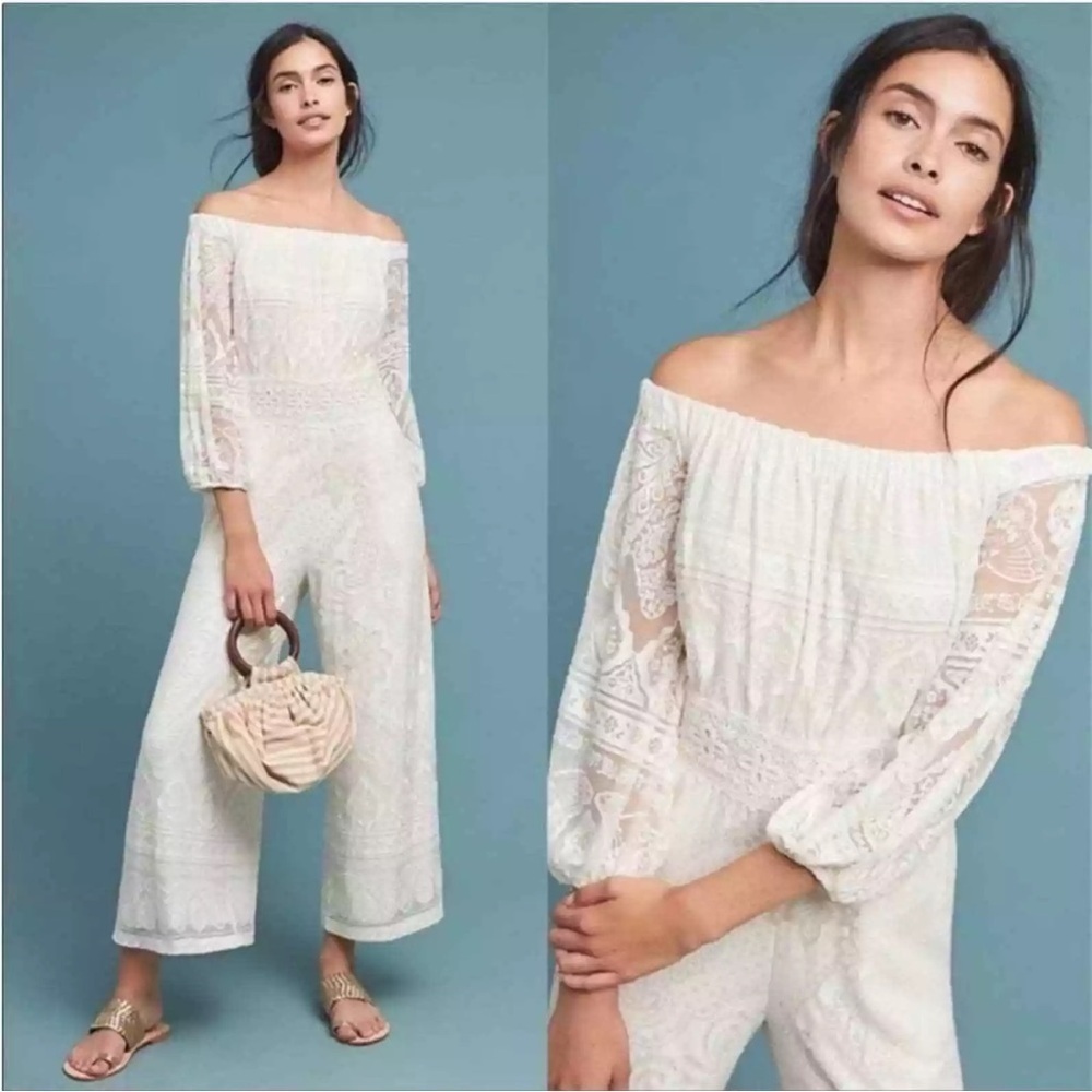 Farm Rio Anthropologie Elliot Ivory Off the Shoulder Elegant Jumpsuit SI… - Picture 14 of 15